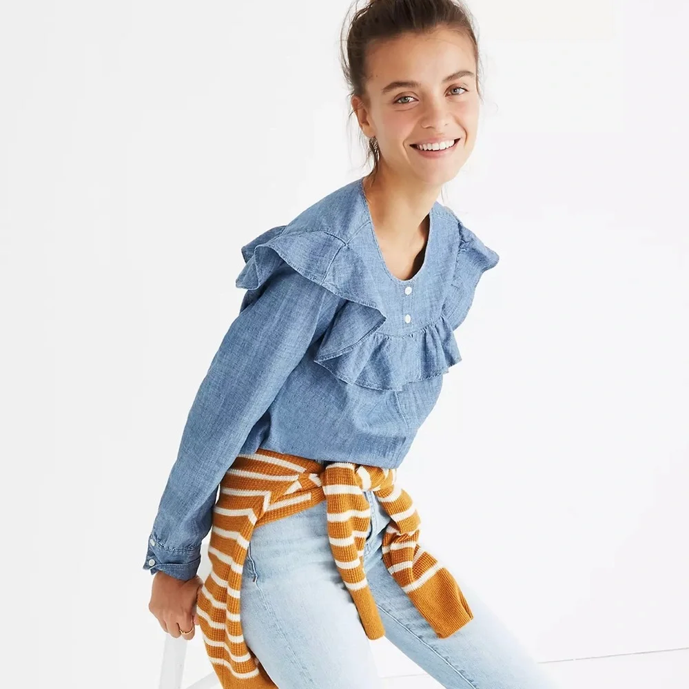 Madewell Chambray Ruffle-Yoke Top Medium